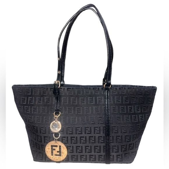 {EUC Fendi Black Zucchino Monogram Canvas Mini Tote Leather Handles Charm} - Picture 1 of 16